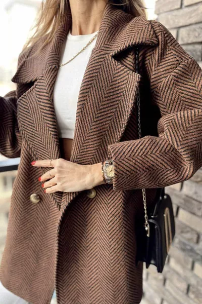 معطف قصير مبطن بتصميم سمكة العمود الفقري باللون البني والأسود، مقاس قياسي واسع