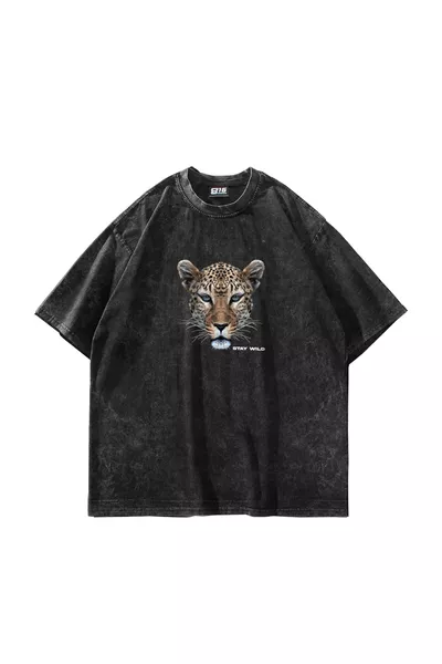 Leopard Stay Wild Printed Oversized Unisex Washed Black T-Shirt