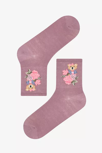 Calze Corte a Doppio Colore Viola Scuro con Orso