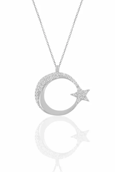 Silver Rhodium Zircon Stone Crescent Star Necklace rodaj