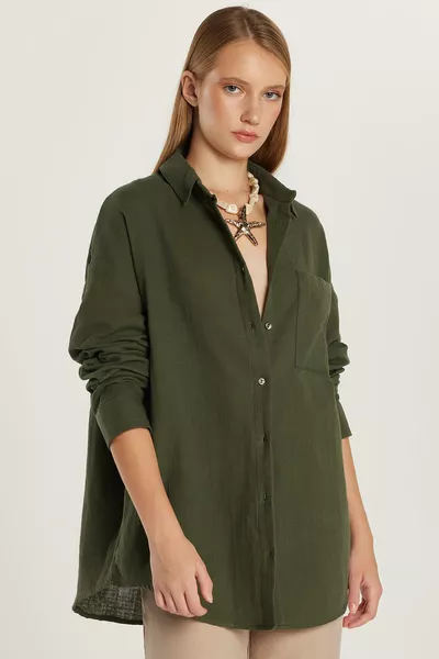 Женская рубашка оверсайз свободного кроя из % хлопкового муслина с длинными рукавами, карманами, текстурированная, цвета хаки