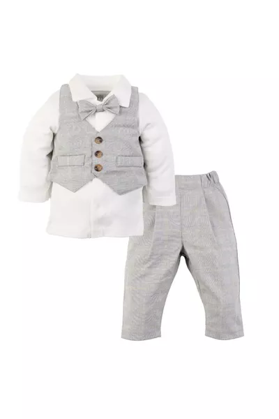 طقم رضّع ولادي مع صدرية - ملابس رمادية مربعة للأيام الخاصة