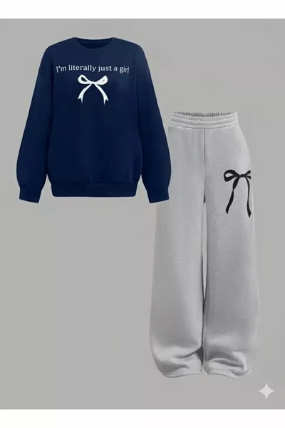 Girl's Navy Blue Crew Neck 'Just a Girl' Printed Sweatshirt - Grey Loose Fit Tracksuit Set