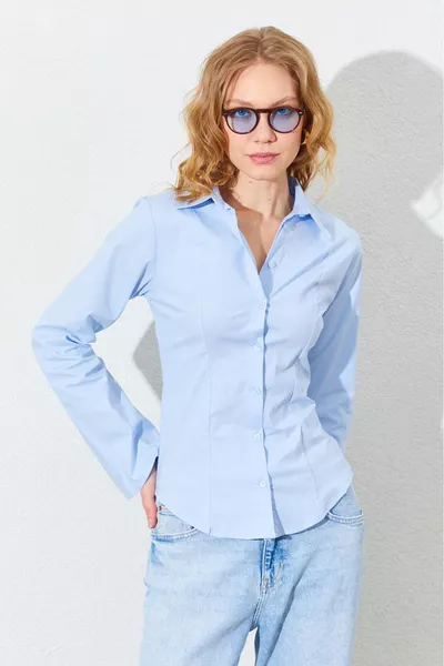 قميص قطني إسباني بأكمام وخصر مطاطي - أزرق | 