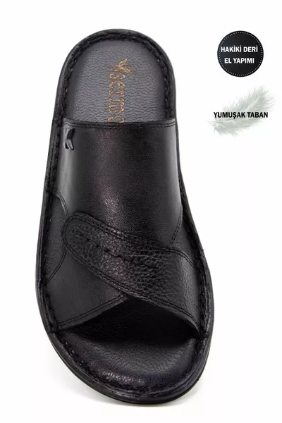 شبشب جلد طبيعي للرجال، شبشب خفيف من الجلد باللون الأسود