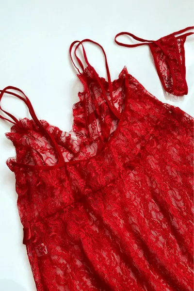Red Belt Detailed Short Tulle Nightgown