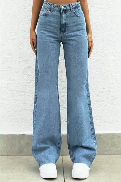 جينز أزرق خصر مرتفع مريح غسلة ثلجية أزرق بنطلون جينز واسع القاعدة