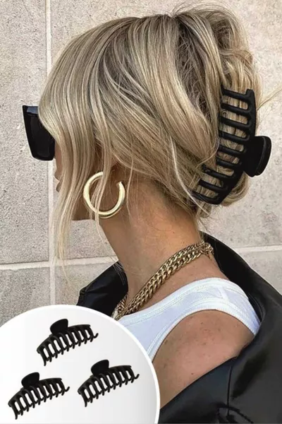 طقم مشابك شعر نسائي ثلاثي أسود مقاس XL كبير وعصري