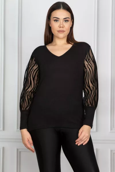 Women's Plus Size Black Flocked Sleeve Tulle Blouse 