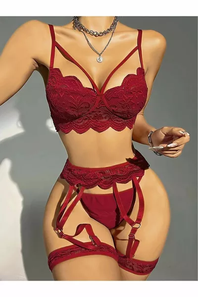 Ensemble féminin chic et élégant de lingerie ouverte en dentelle fantaisie 5 pièces bordeaux