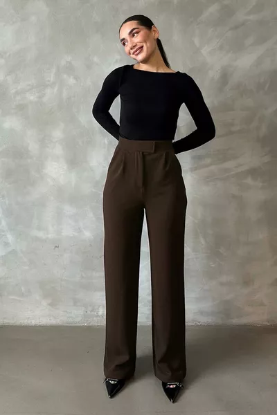 بنطلون بالازو برباط لاصق بني مع ليكرا 