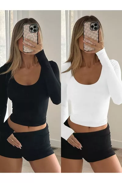 بلوزة أساسية بأكمام طويلة من القماش العادي مع رقبة مربعة، عدد 2، قابلة للتمدد