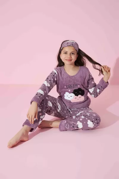 Girl Teen and Child Cloud Pattern Long Sleeve Fleece Plush Winter Warm Pajama Set