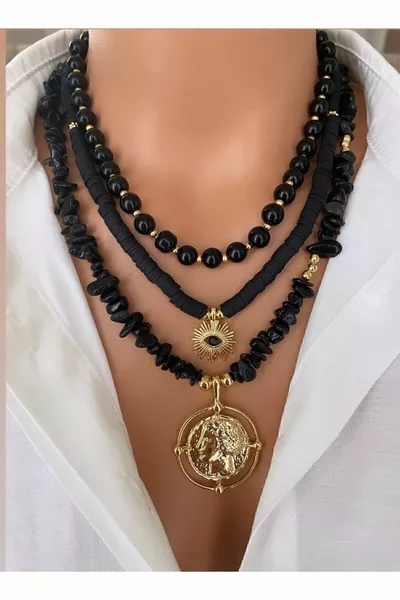 3 عقود مطلية بالذهب بأحجار طبيعية، عقيق أسود، قلادة عتيقة مطلية بالذهب بتصميم نسائي