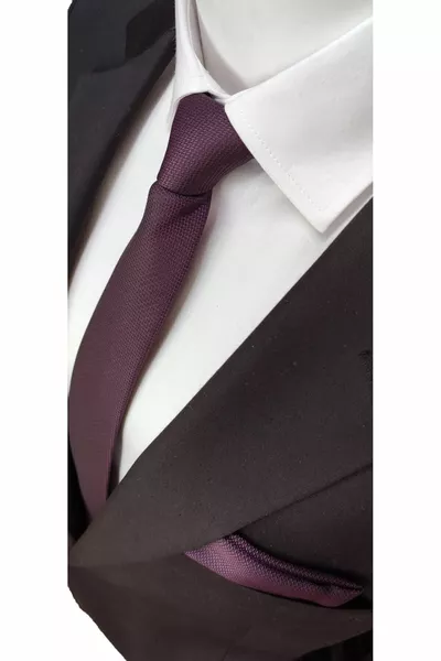 Damson-Colored Textured Oxford Pattern Tie and Handkerchief