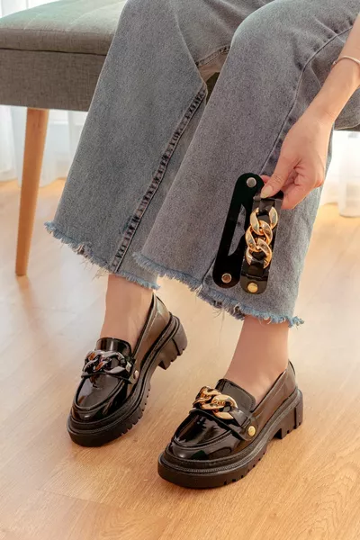 موفي جلد لامع أسود (3 أبازيم مختلفة) الاستخدام اليومي أحذية نسائية Loafer