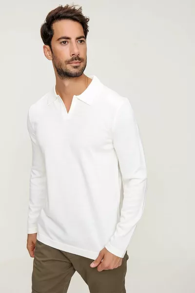 Erkek Ekru Reddington Polo Yaka Uzun Kollu Ince Triko Kazak 