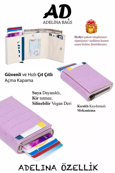 Adelina Lilla Coccodrillo Meccanismo Fantasia Scorrevole Automatico Portacarte Portafoglio Portacarte Coccodrillo