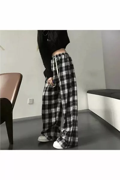 Harajuku carré à carreaux à motifs noirs unisexe coupe décontractée pantalon de survêtement