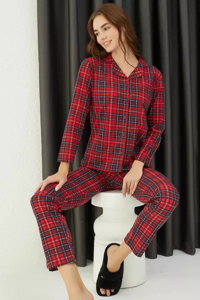 طقم بيجاما نسائية بأزرار قطنية