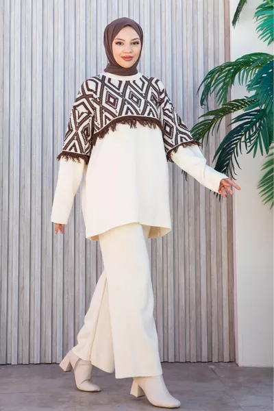 Pantaloni a tunica in maglieria beige da donna Double Set