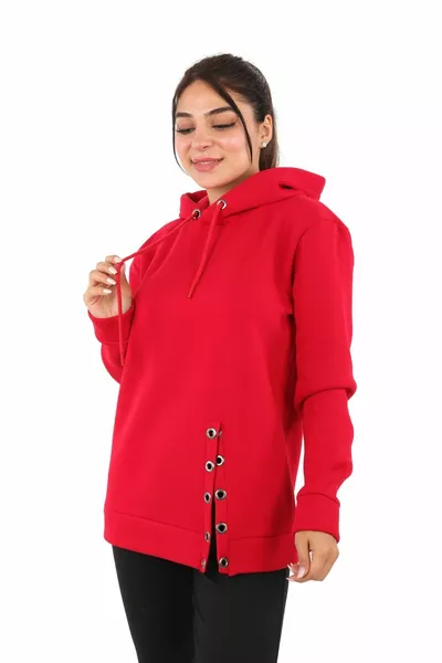 Red Long Sleeve Hooded Sweatshirt, Eyelet Detailed