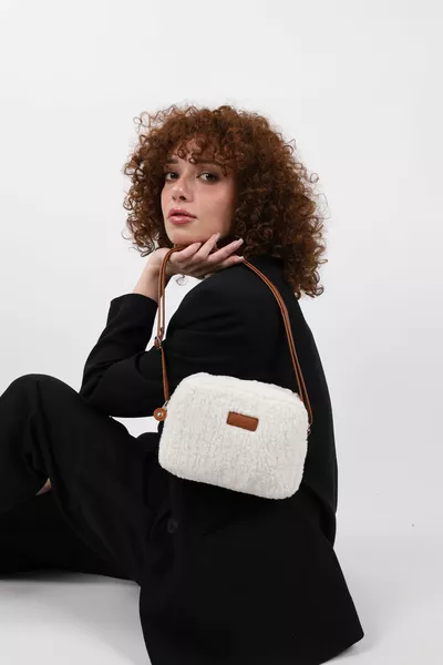 Women's Tan Cream Fur Plush Mini Urban Crossbody Shoulder Bag