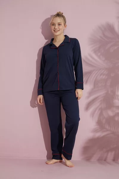 المرأة الأزرق الداكن كم طويل القطن زر Welt بيجامة مجموعة