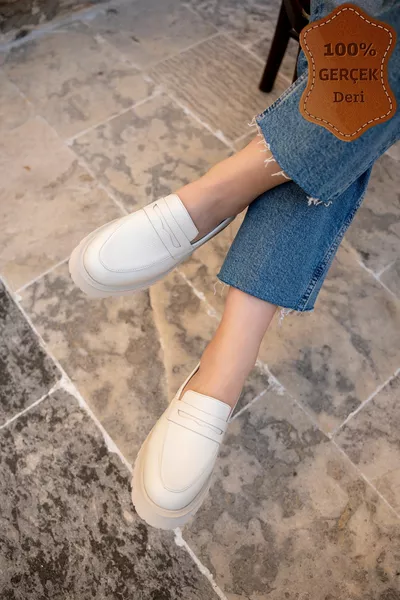 Miton Ecru 4cm Suola di Spessore Cuciture Personalizzate Design Mocassino Da Donna In Vera Pelle