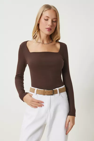 Women's Brown Square Collar Corduroy Knitted Blouse 