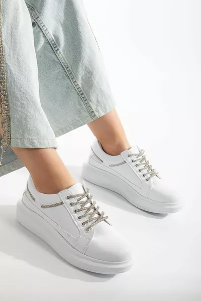 Balloon Sole Skin Cuir verni Stone Lace-Up Blanc Baskets Femme