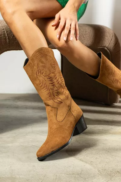 Olezka Bottes Femme Cowboy Motif Daim Tan
