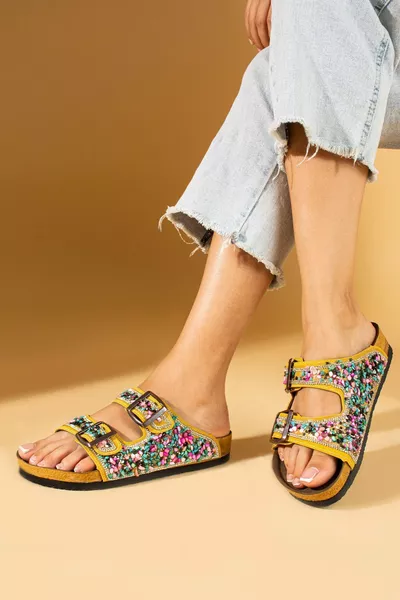 الأصفر الحجر الطبيعي العظام النعال الوحيد حزام مزدوج مشبك عارضة النعال عارضة