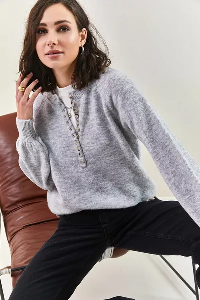 المرأة خط العنق عروة الياقة المدورة سترة متماسكة