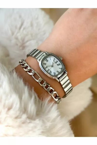 Marke Retro Modell, minimalistisches ovales Gehäuse, silberfarbenes Armband, Damenarmbanduhr + Armband mit römischen Ziffern