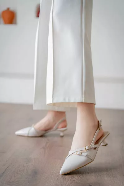 Beige Mary Jane Pointed Toe Women's Shoes with Short Heel Buckle