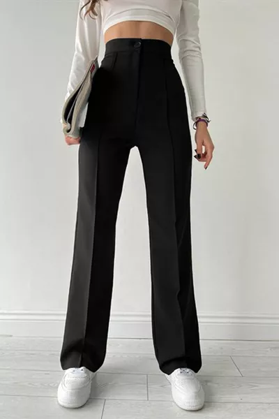 أسود عالية الخصر كريب النسيج بالازو السراويل