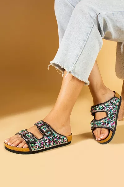 Black Natural Stone Orthopedic Sole Slippers Double Strap Buckle Casual Casual Slippers