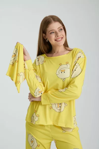 Rasa Yellow Pajamas Set 3 Piece Top Bottom Beanie Long Super Soft Fnm