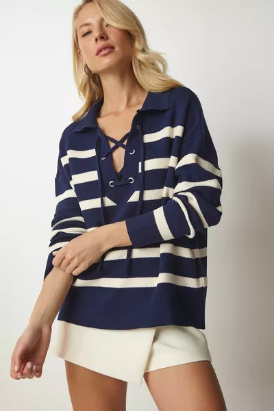 المرأة الأزرق ياقات الدانتيل مخطط متماسكة سترة 