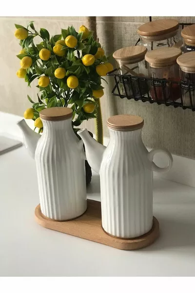 2 Pezzi Vaso Olio 1 Lt in Porcellana e Base in Bambù - Porta Aceto Olio