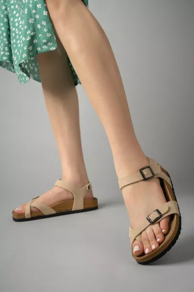 Cream Matte Double Buckle Sandals