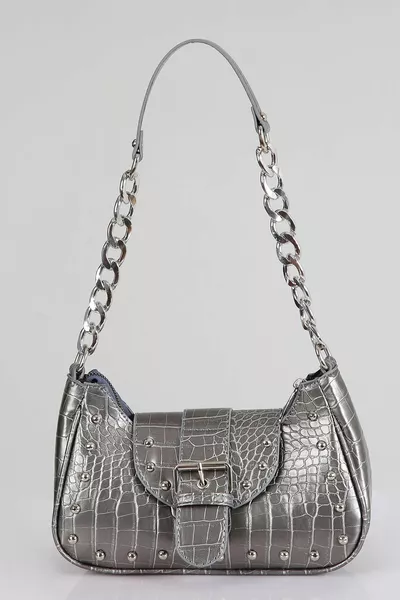 Bony Stapled Crocodile Patterned Grey Sleeve Bag