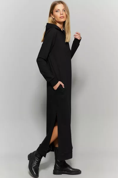 Robe maxi à capuche fendue noire pour femme 