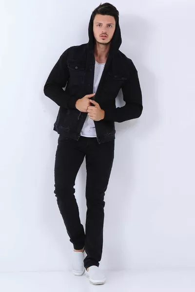 الأكمام الصوف مقنعين الرجال الدنيم جاكيت أسود