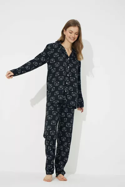 Black Cotton Button Pajama Set