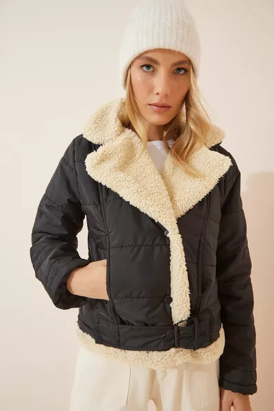 المرأة السوداء فو الجلود فو الصوف المحاصيل سترة الطيار 