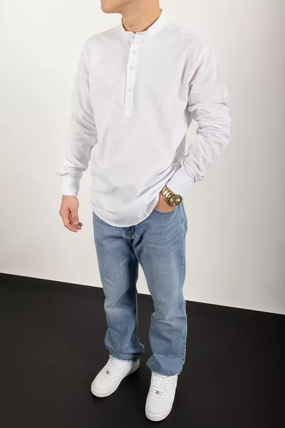 كم طويل القاضي طوق ثلاثة زر قميص الكتان