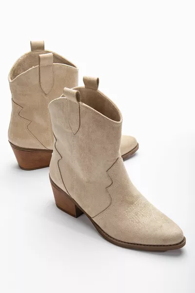 Кремообразна кожа от норка Бежови матови велурени западни каубойски ботуши