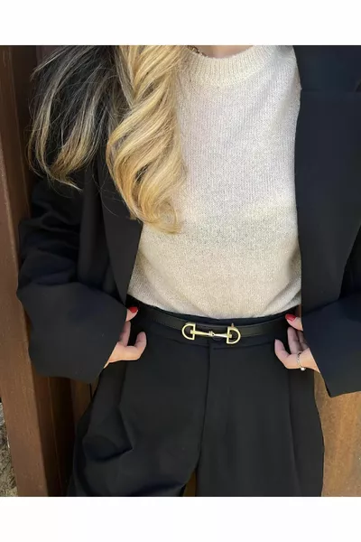 Gold Buckle Leather Belt 2cm Black